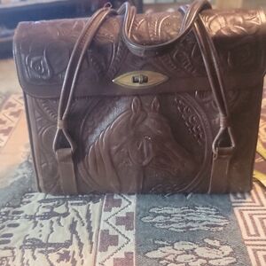 Source Unknown Chocolate Leather Bag with Horse Motif
